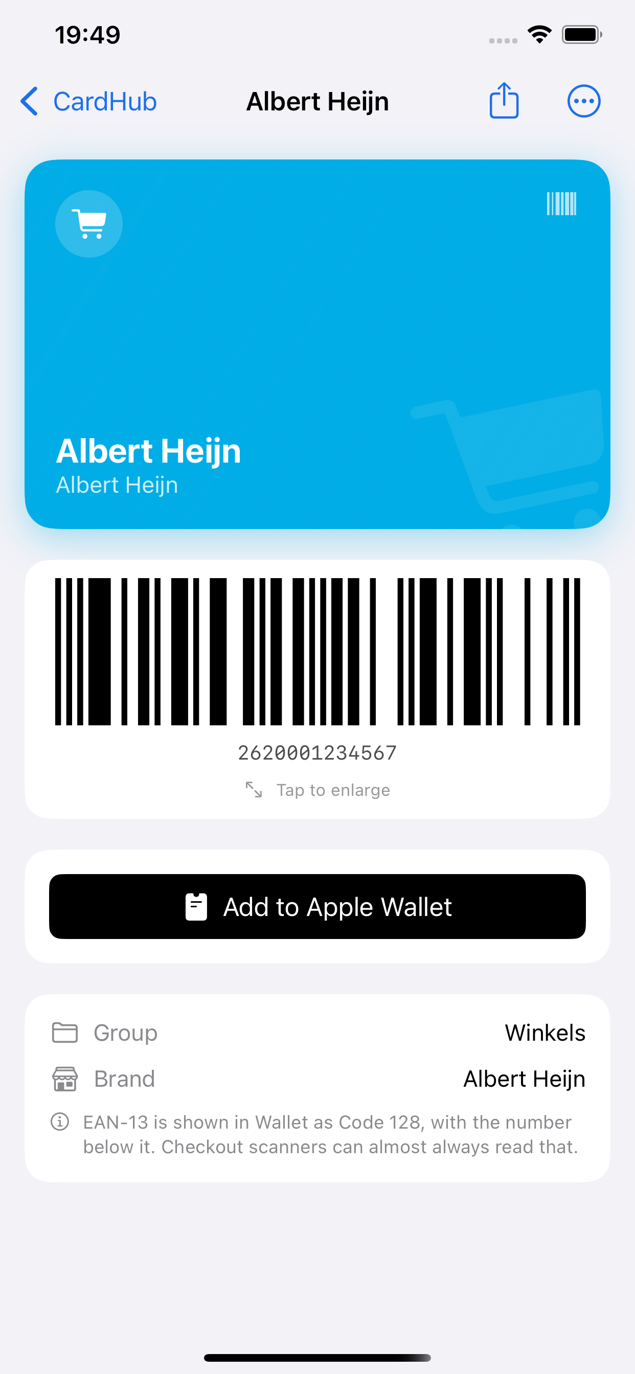 Kaartdetail met knop Add to Apple Wallet