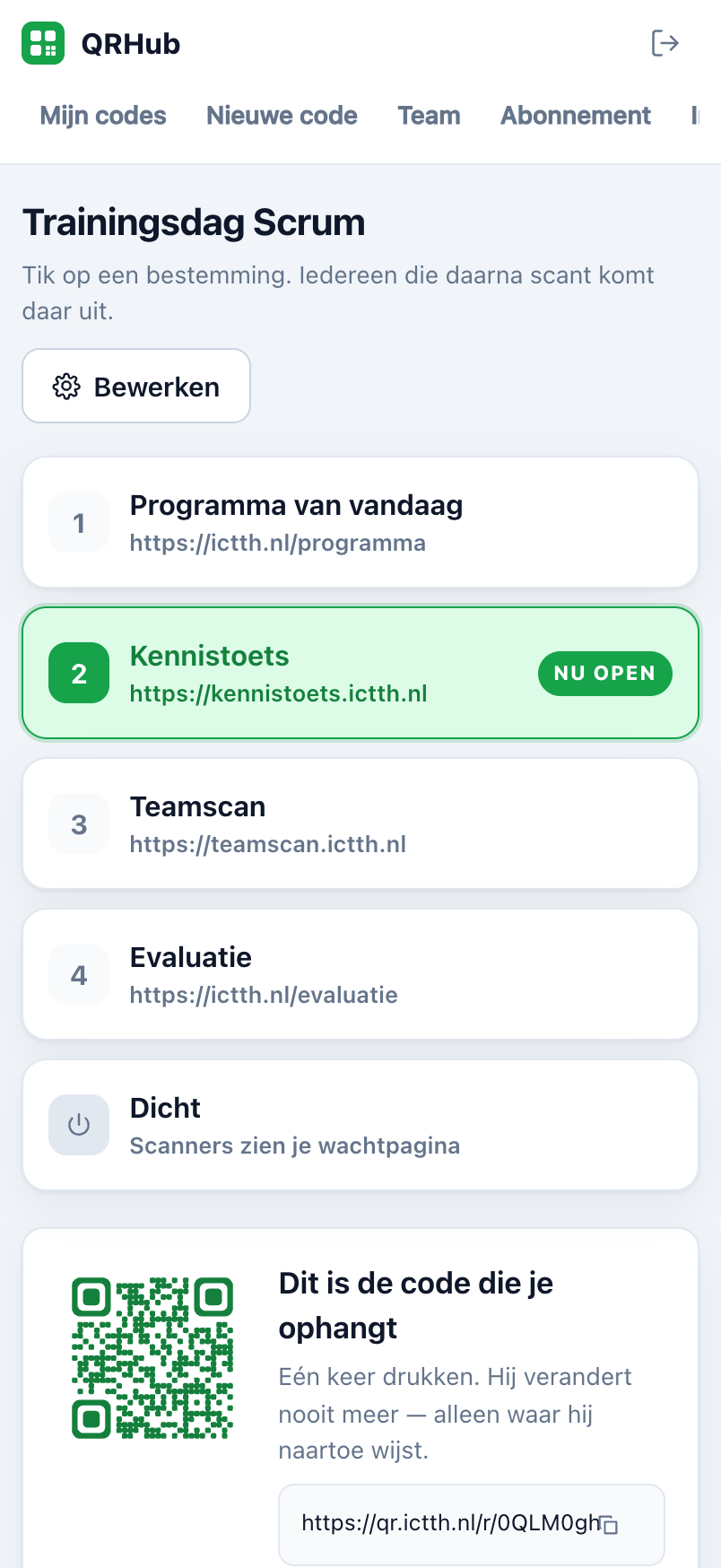 Het regiescherm van QRHub op een telefoon